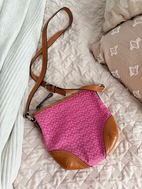 Coach Pink Signature Canvas Crossbody with Tan Leather Trim